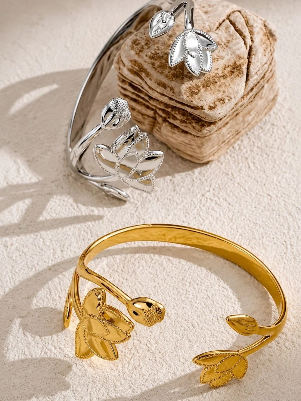 Gold Floral Lotus Open Cuff Bracelet